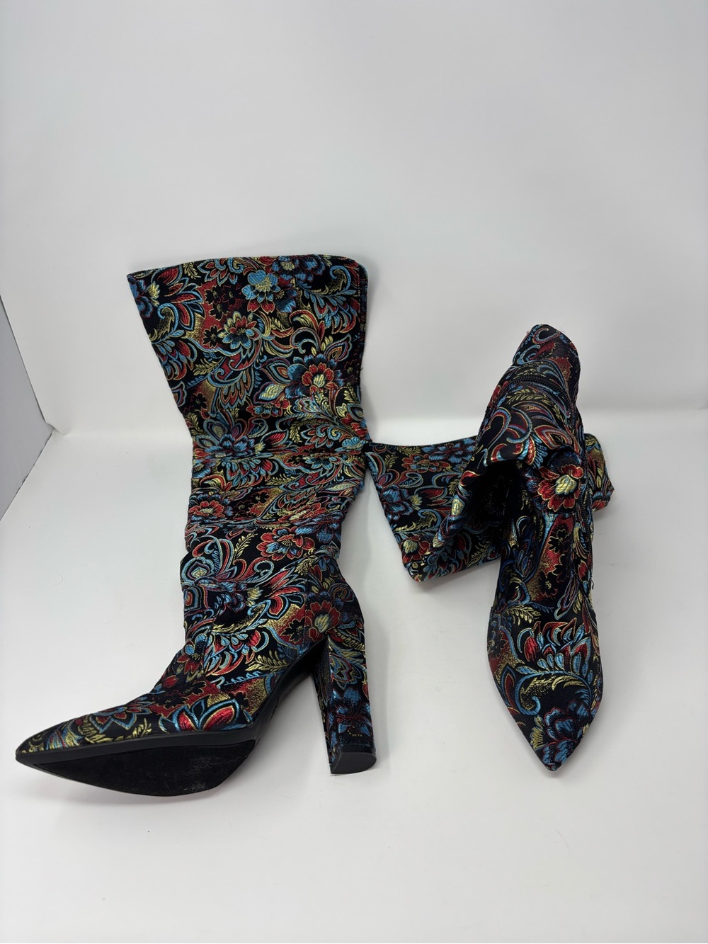 Rouge Helium Floral Tapestry Brocade Over The Knee OTK Boots Size 8 Pointed Heel